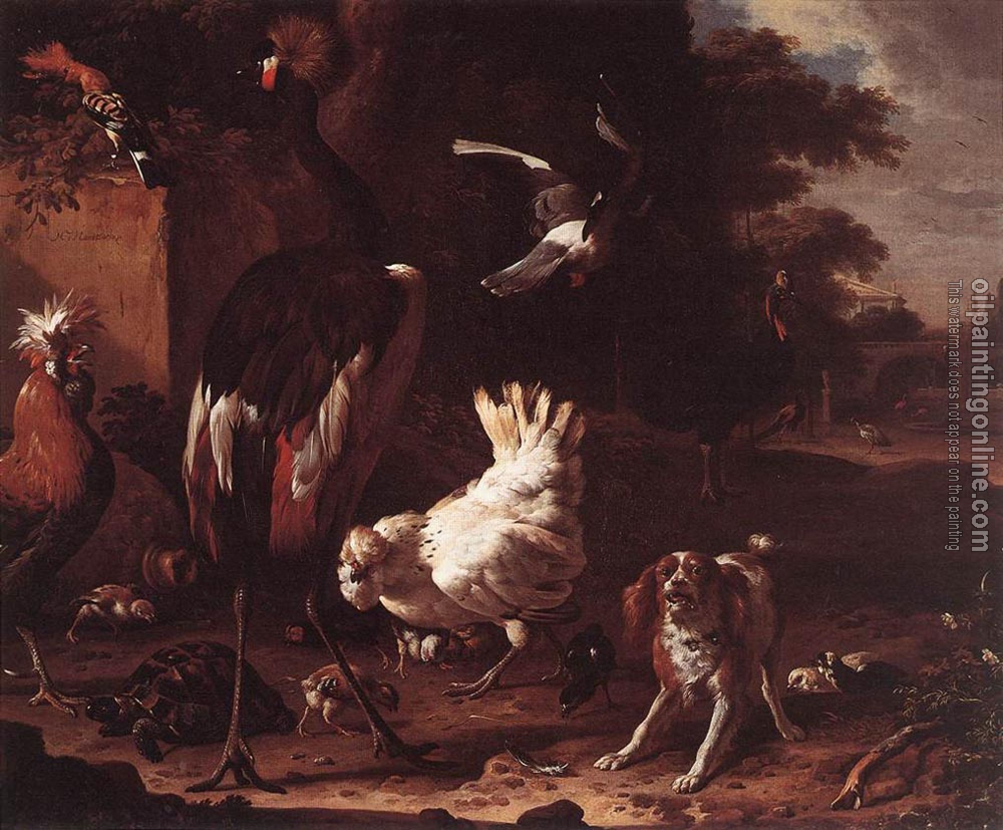 Melchior de Hondecoeter - Birds And A Spaniel In A Garden
